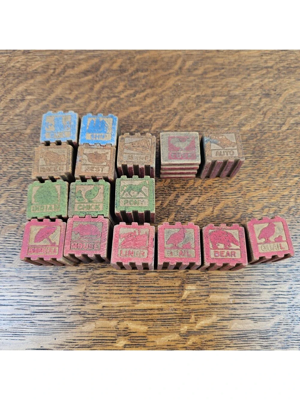 Vintage Interlocking Wooden Alphabet Blocks Lot 16 ABC Picture Toy Raised Stripe